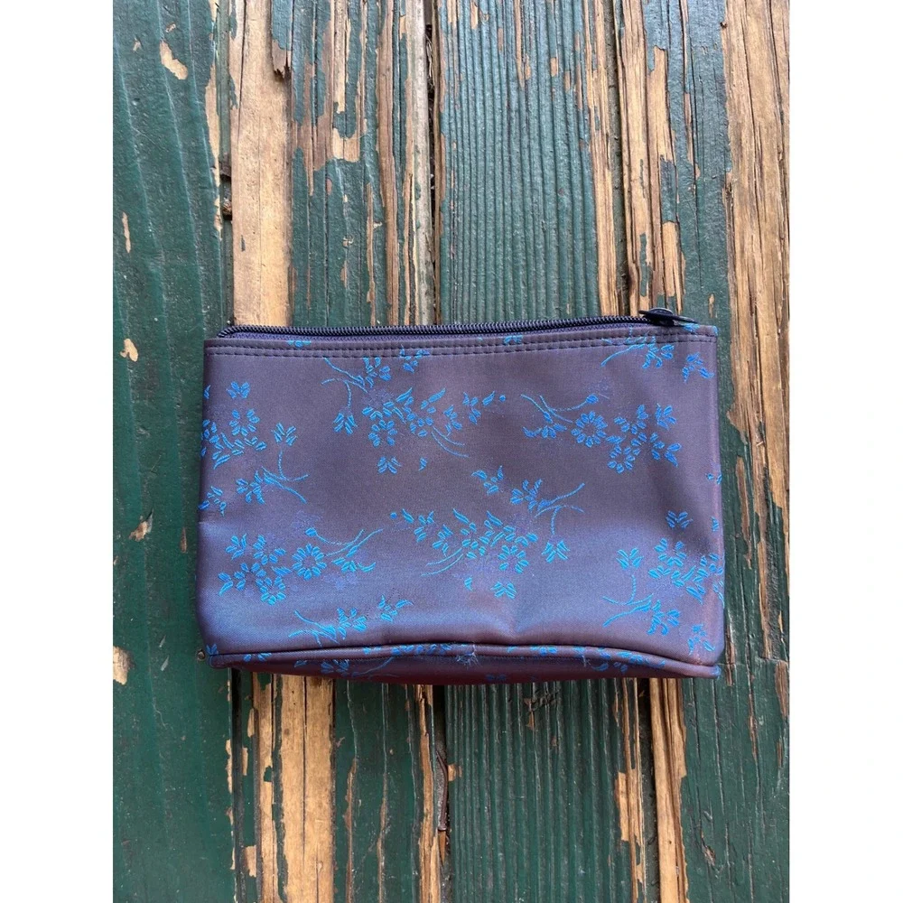 Floral Brocade Makeup Bag Purple Blue Satin Travel Pouch Cosmetic Case